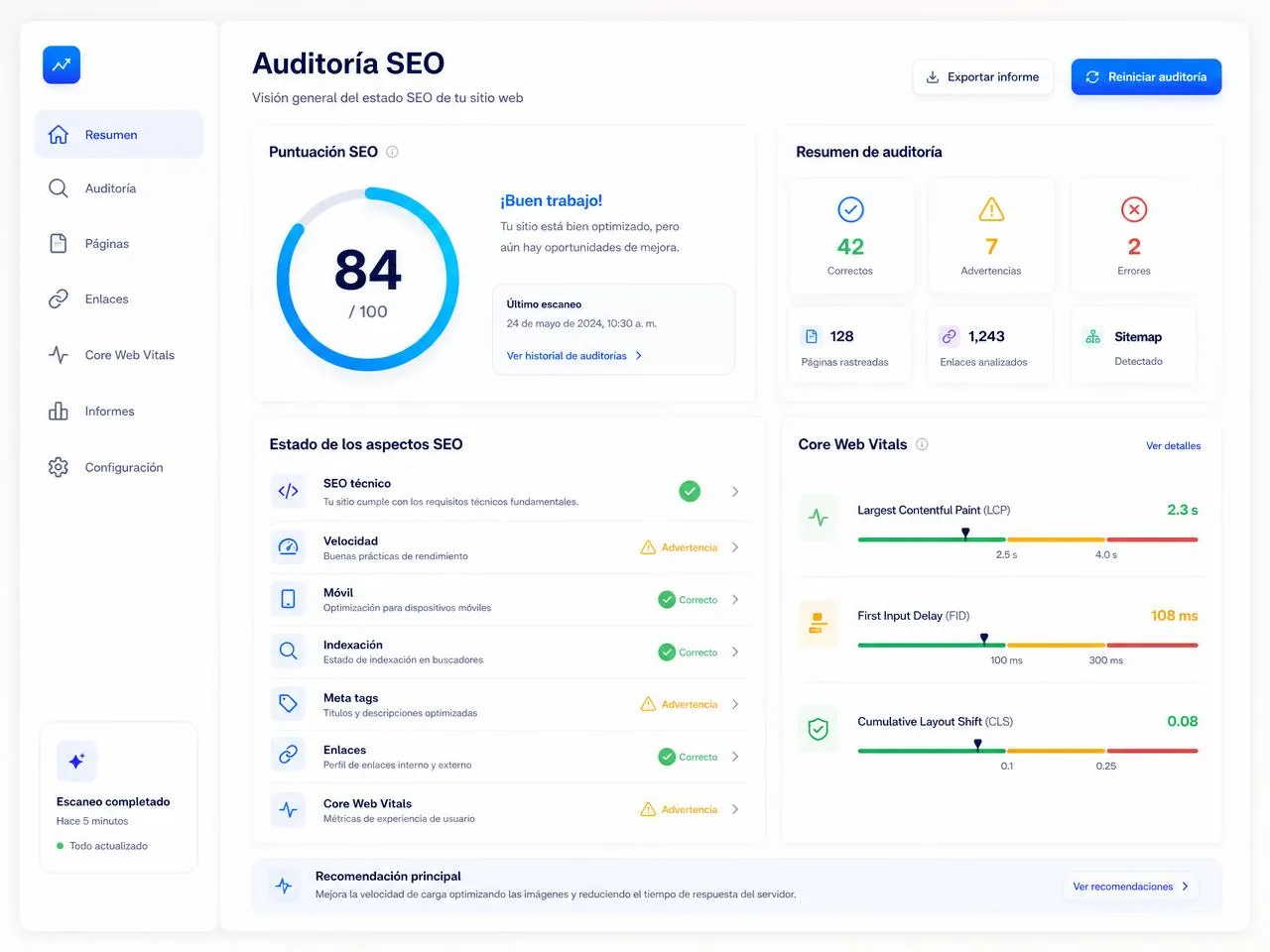 Auditoría SEO con puntuación 84/100, revisión de velocidad, indexación, meta tags, enlaces y Core Web Vitals