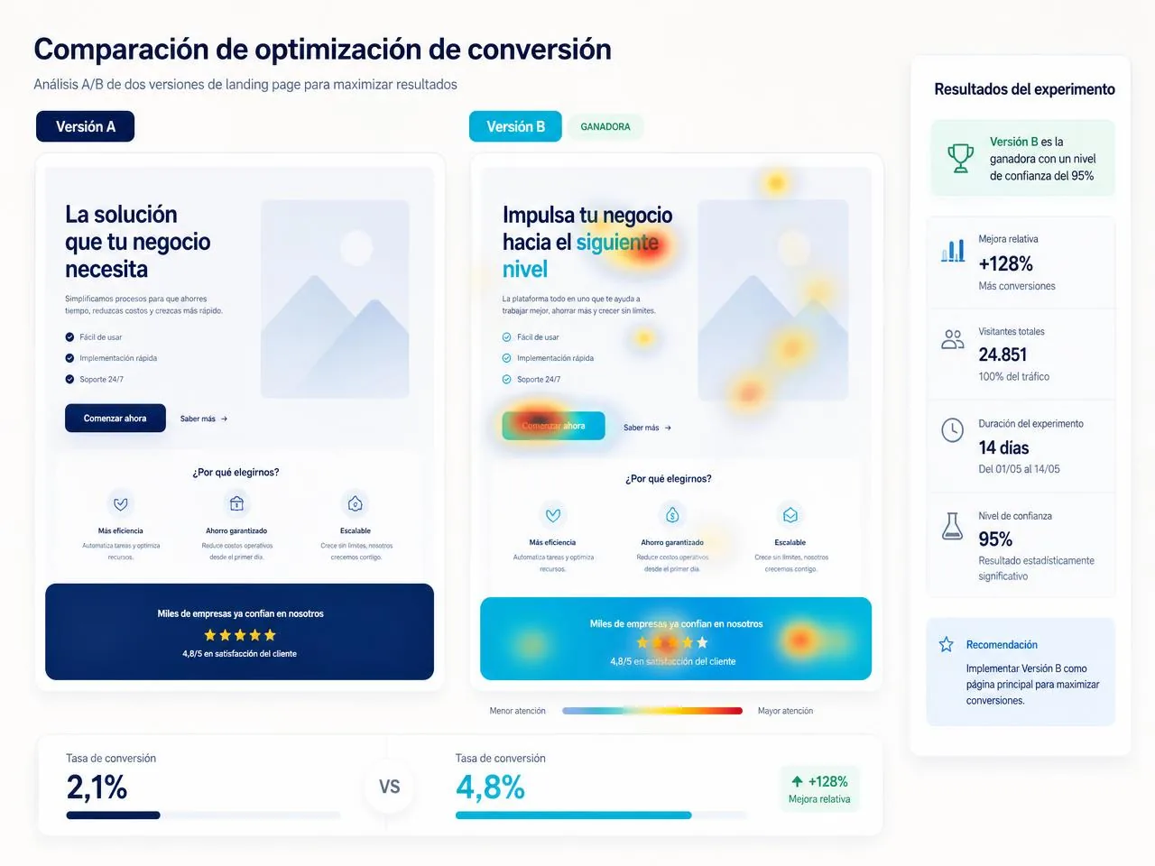Prueba A/B de dos versiones de una página con mapa de calor y tasa de conversión que pasa de 2,1% a 4,8%