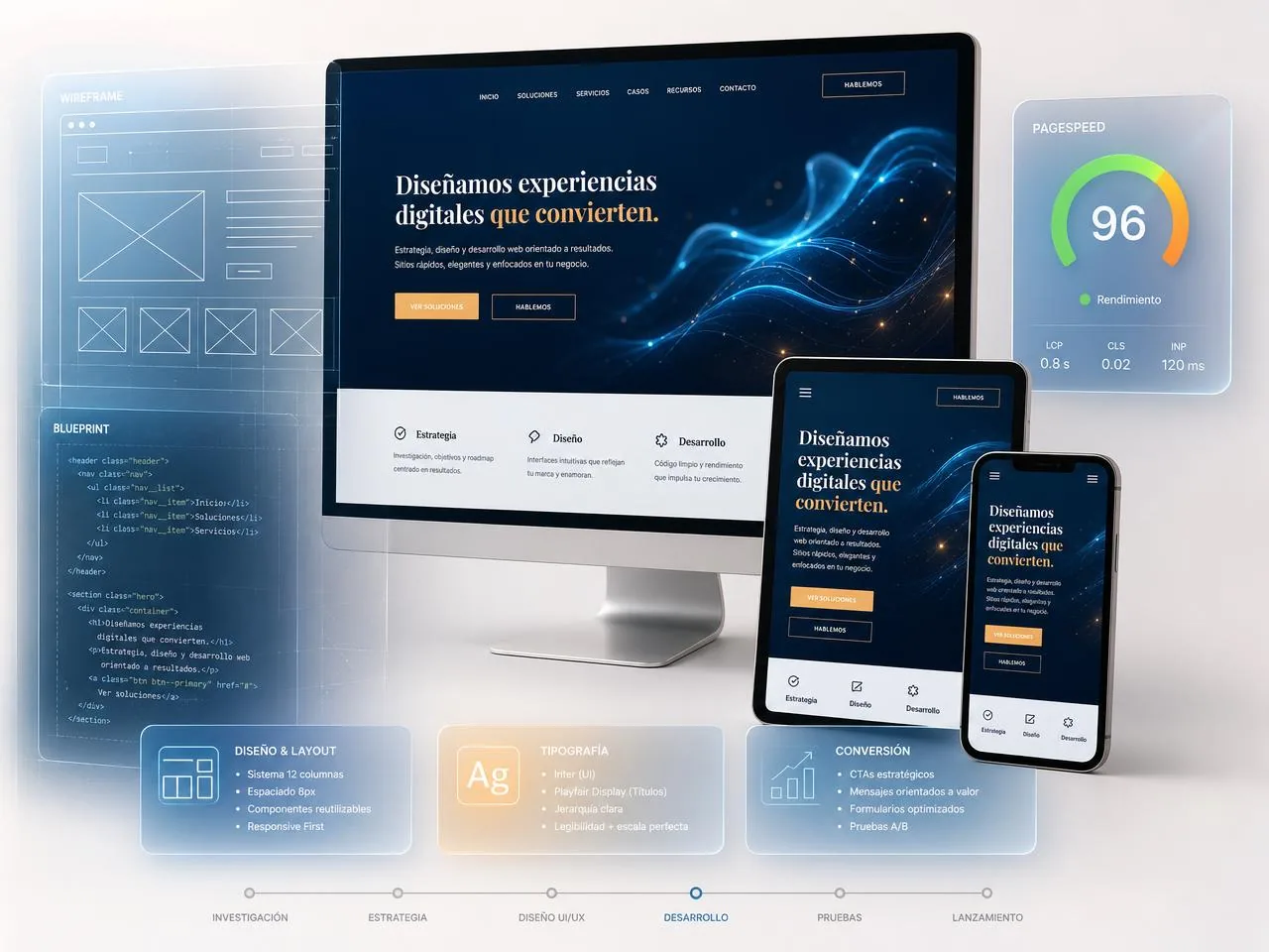 Diseñador web freelance: páginas optimizadas para SEO Un mismo sitio web mostrado en computador, tableta y móvil, con su wireframe y una puntuación de velocidad de 96