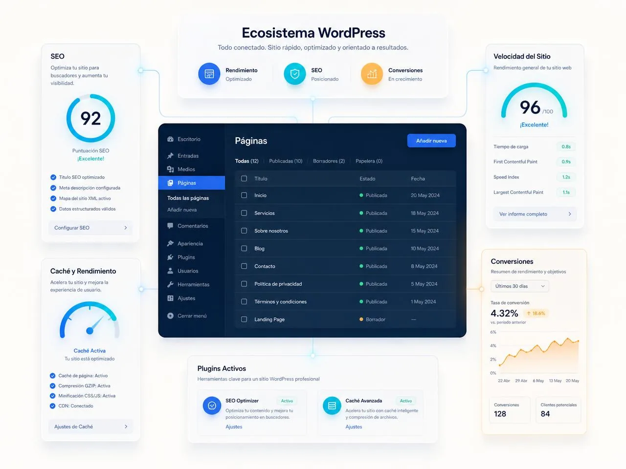 Ecosistema WordPress optimizado: estructura, SEO técnico, velocidad y conversiones Panel de WordPress con páginas publicadas, plugins de SEO y caché, medidor de velocidad 96 y conversiones en aumento